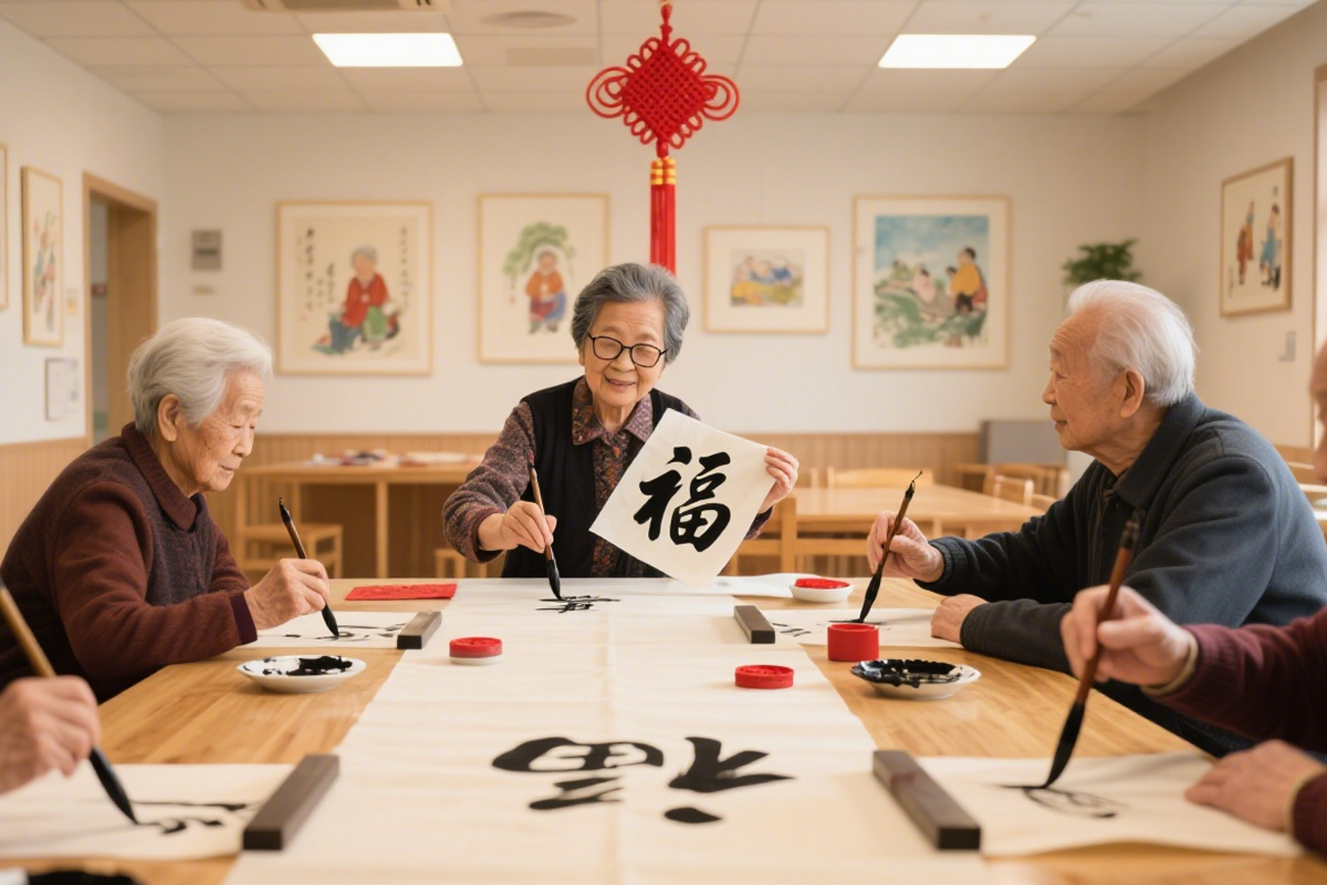 老人在一起写毛笔字